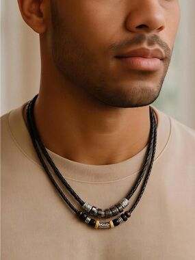 Men's Black Braided Leather Necklace with Mixed Metal Beads